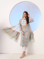 Yufta White And Blue Cotton Straight Kurta Pant Dupatta Set | Grocsy