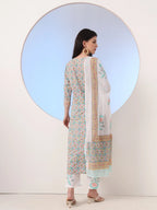 Yufta White And Blue Cotton Straight Kurta Pant Dupatta Set | Grocsy