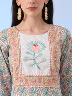 Yufta White And Blue Cotton Straight Kurta Pant Dupatta Set | Grocsy