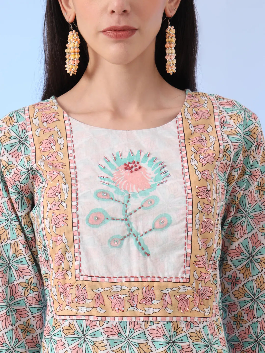 Yufta White And Blue Cotton Straight Kurta Pant Dupatta Set | Grocsy