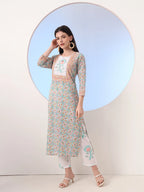 Yufta White And Blue Cotton Straight Kurta Pant Dupatta Set | Grocsy