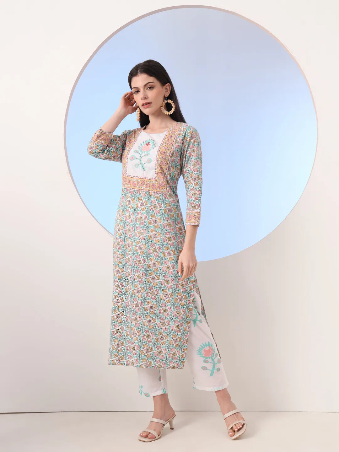 Yufta White And Blue Cotton Straight Kurta Pant Dupatta Set | Grocsy