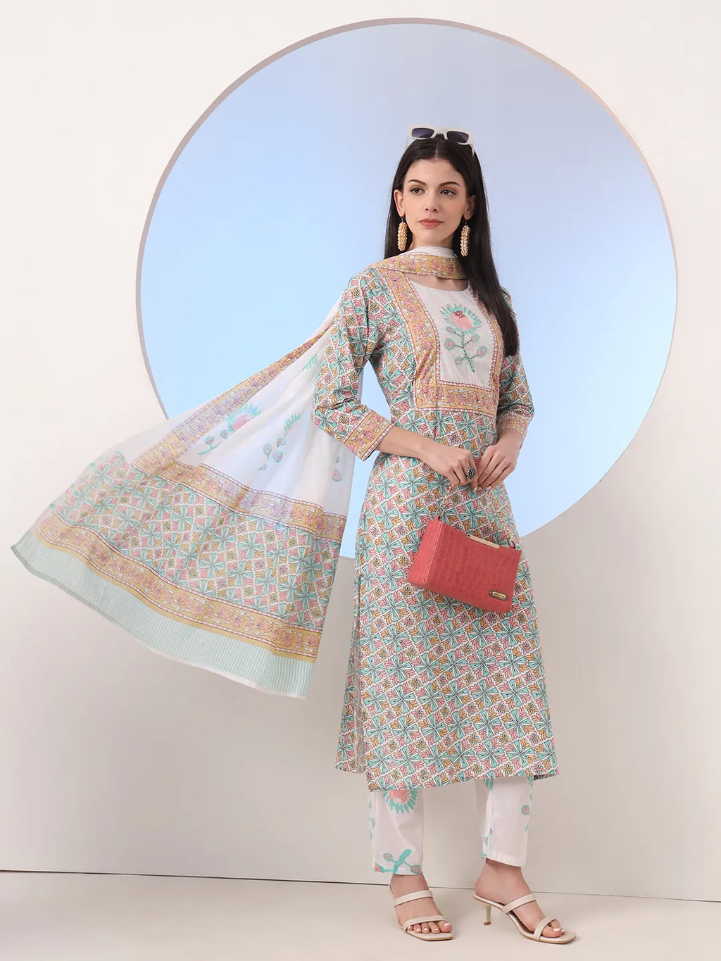 Yufta White And Blue Cotton Straight Kurta Pant Dupatta Set | Grocsy