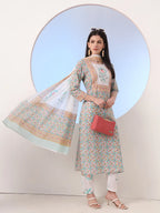Yufta White And Blue Cotton Straight Kurta Pant Dupatta Set | Grocsy