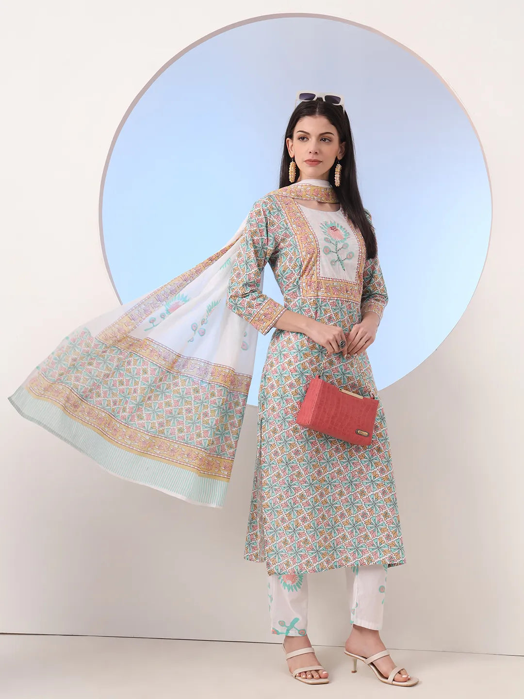 Yufta White And Blue Cotton Straight Kurta Pant Dupatta Set | Grocsy