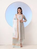 Yufta White And Blue Cotton Straight Kurta Pant Dupatta Set | Grocsy