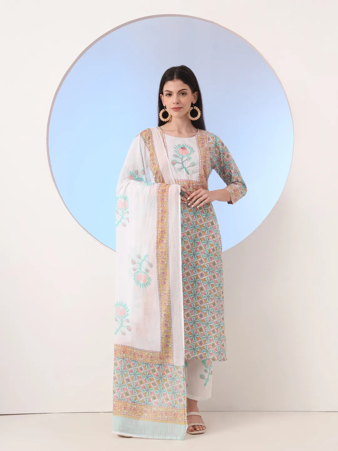 Yufta White And Blue Cotton Straight Kurta Pant Dupatta Set | Grocsy