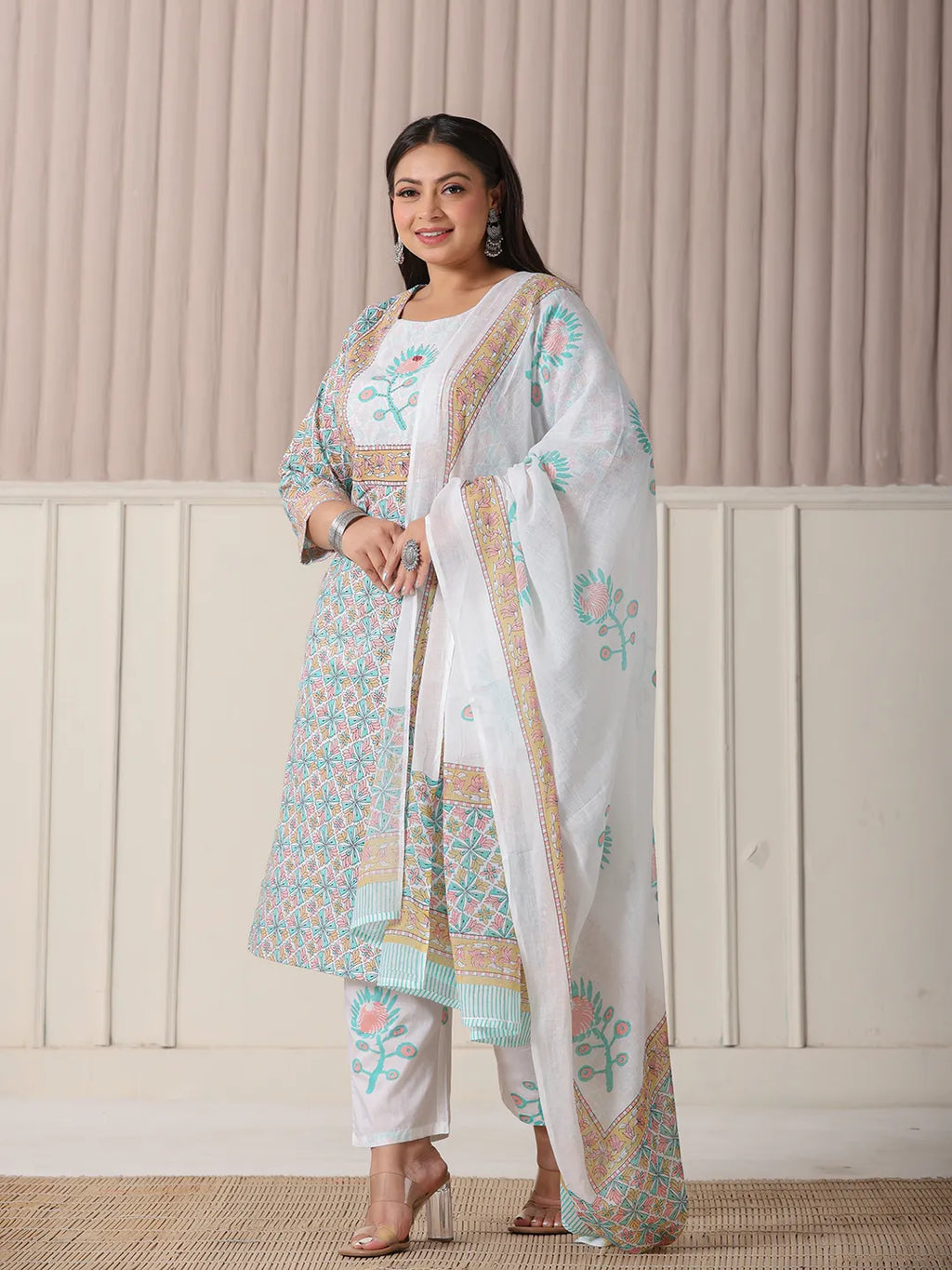 Yufta White And Blue Cotton Straight Plus Size Kurta Pant Dupatta Set | Grocsy