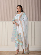 Yufta White And Blue Cotton Straight Plus Size Kurta Pant Dupatta Set | Grocsy