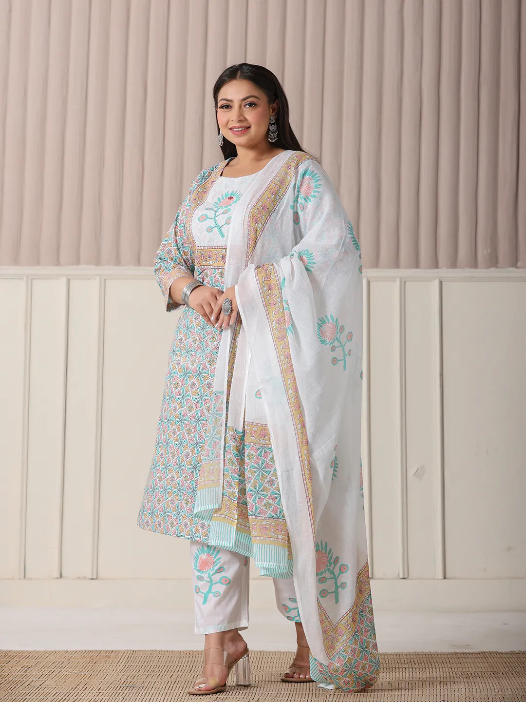 Yufta White And Blue Cotton Straight Plus Size Kurta Pant Dupatta Set | Grocsy