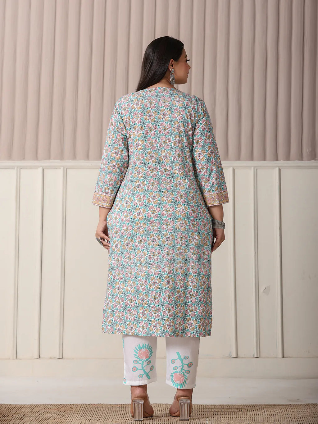 Yufta White And Blue Cotton Straight Plus Size Kurta Pant Dupatta Set | Grocsy