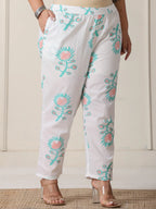 Yufta White And Blue Cotton Straight Plus Size Kurta Pant Dupatta Set | Grocsy