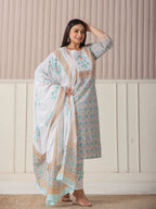 Yufta White And Blue Cotton Straight Plus Size Kurta Pant Dupatta Set | Grocsy