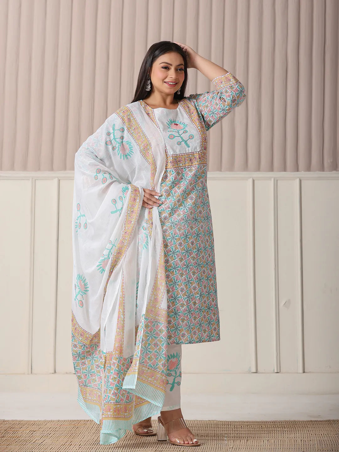 Yufta White And Blue Cotton Straight Plus Size Kurta Pant Dupatta Set | Grocsy