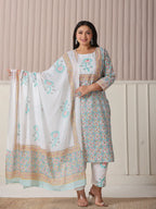 Yufta White And Blue Cotton Straight Plus Size Kurta Pant Dupatta Set | Grocsy