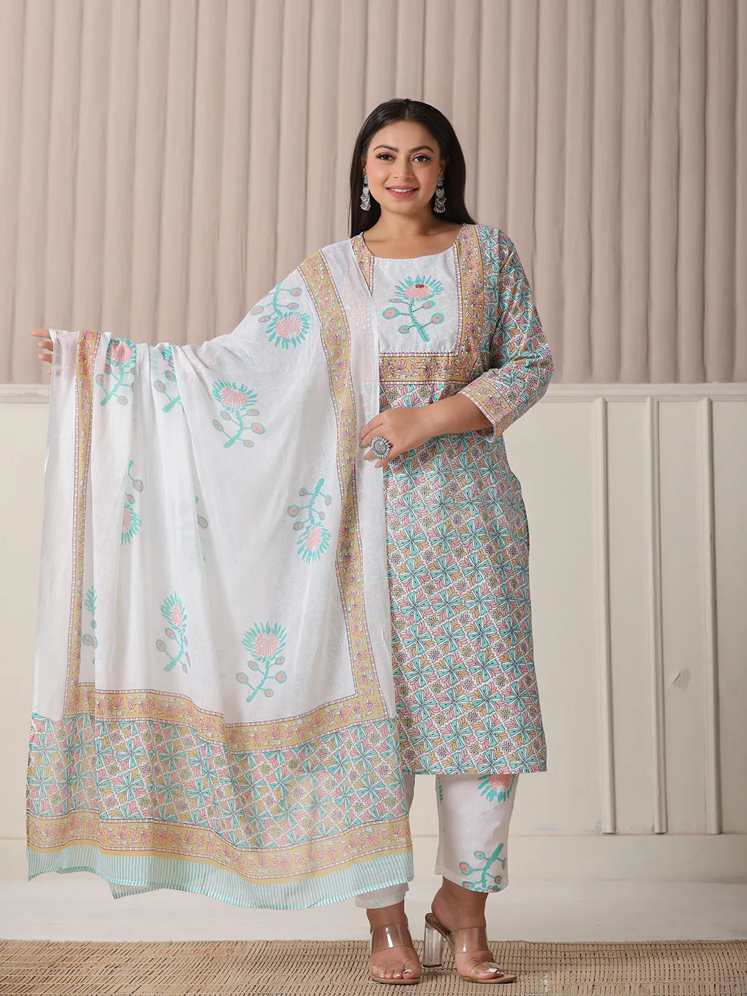 Yufta White And Blue Cotton Straight Plus Size Kurta Pant Dupatta Set | Grocsy