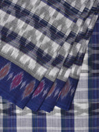 White and Blue Pochampally Ikat Cotton Handloom Saree with Strips Design No Blouse - Global Threads | Grocsy