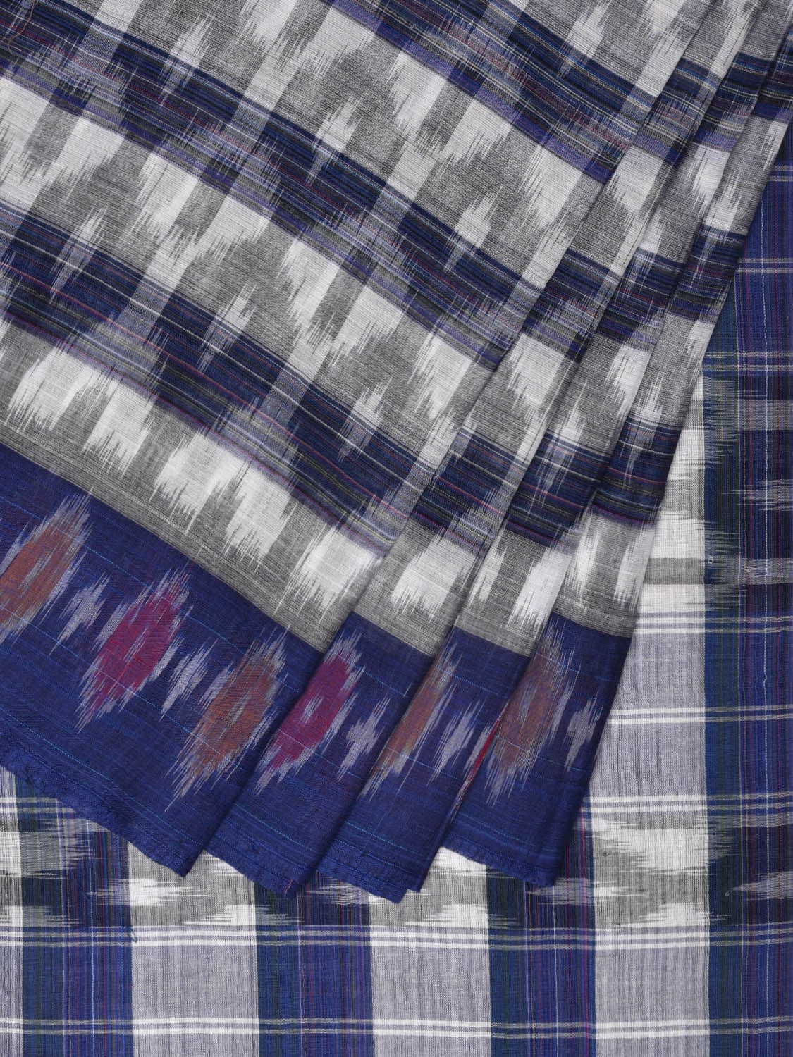 White and Blue Pochampally Ikat Cotton Handloom Saree with Strips Design No Blouse - Global Threads | Grocsy