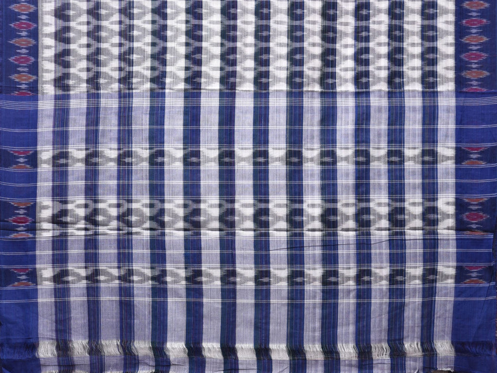 White and Blue Pochampally Ikat Cotton Handloom Saree with Strips Design No Blouse - Global Threads | Grocsy