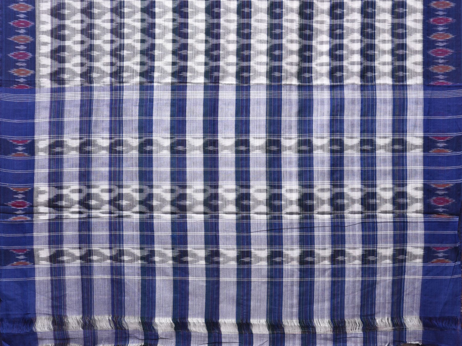 White and Blue Pochampally Ikat Cotton Handloom Saree with Strips Design No Blouse - Global Threads | Grocsy