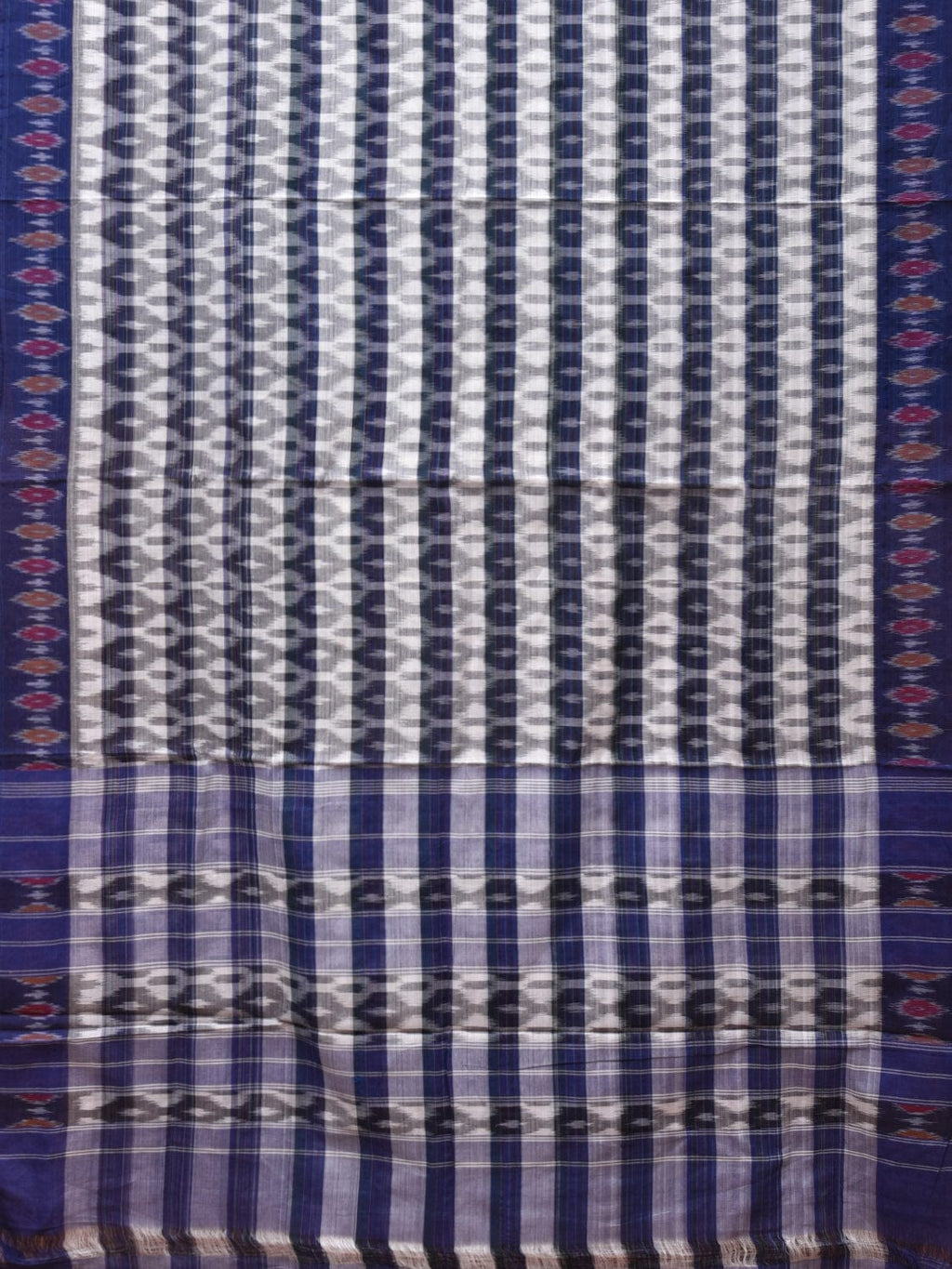 White and Blue Pochampally Ikat Cotton Handloom Saree with Strips Design No Blouse - Global Threads | Grocsy