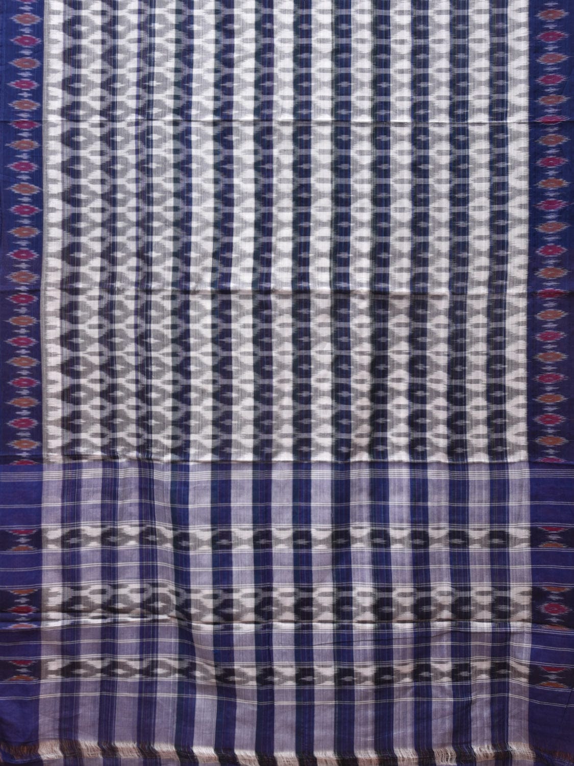 White and Blue Pochampally Ikat Cotton Handloom Saree with Strips Design No Blouse - Global Threads | Grocsy