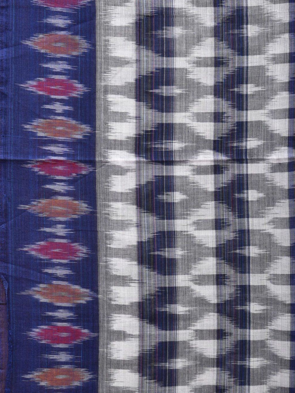 White and Blue Pochampally Ikat Cotton Handloom Saree with Strips Design No Blouse - Global Threads | Grocsy
