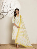 Yufta White & Green Floral Cotton Straight Suit Set | Grocsy