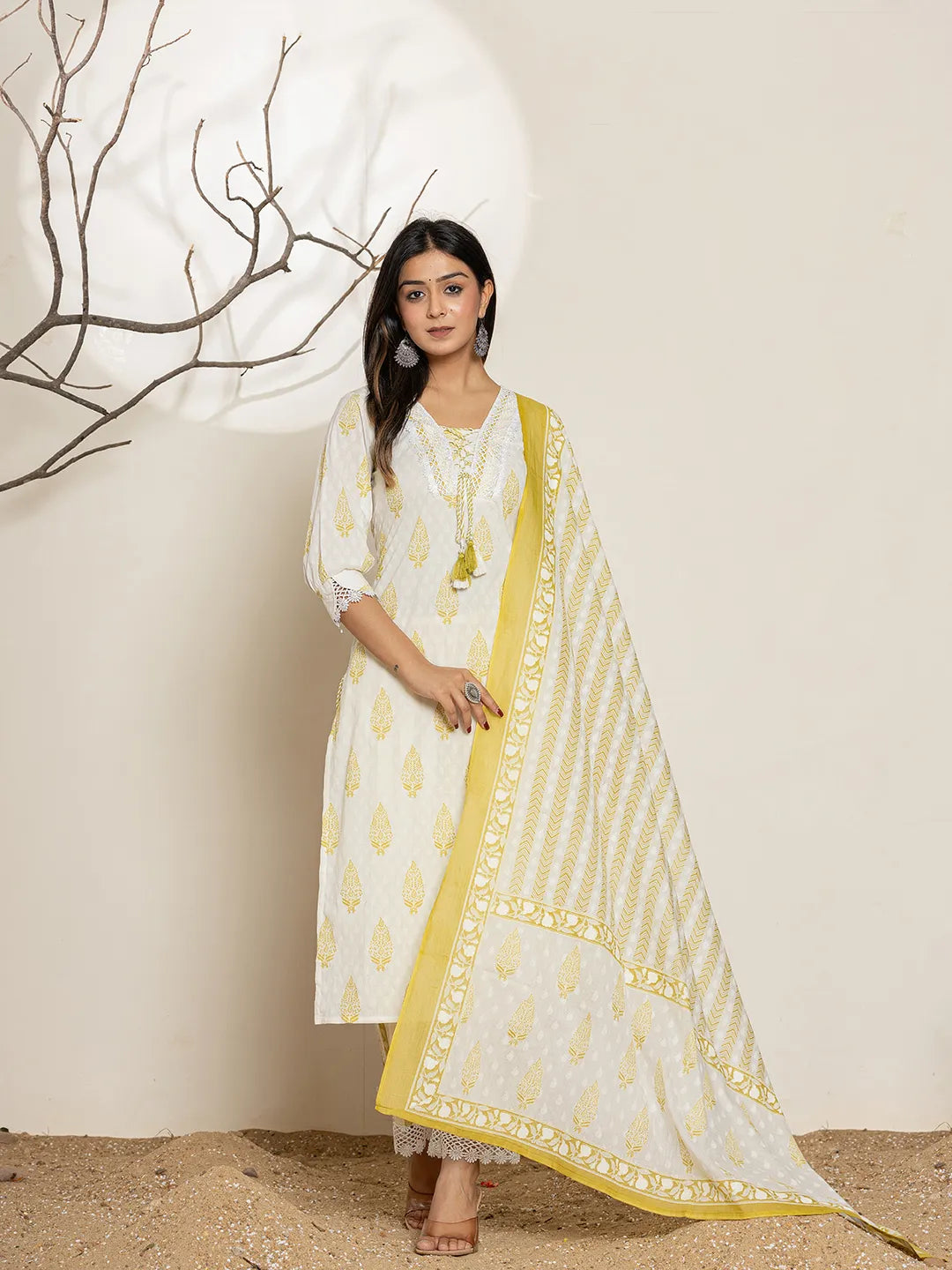Yufta White & Green Floral Cotton Straight Suit Set | Grocsy