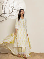 Yufta White & Green Floral Cotton Straight Suit Set | Grocsy