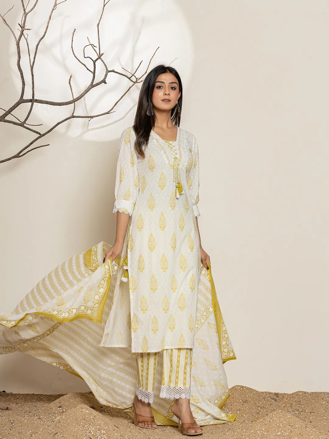 Yufta White & Green Floral Cotton Straight Suit Set | Grocsy
