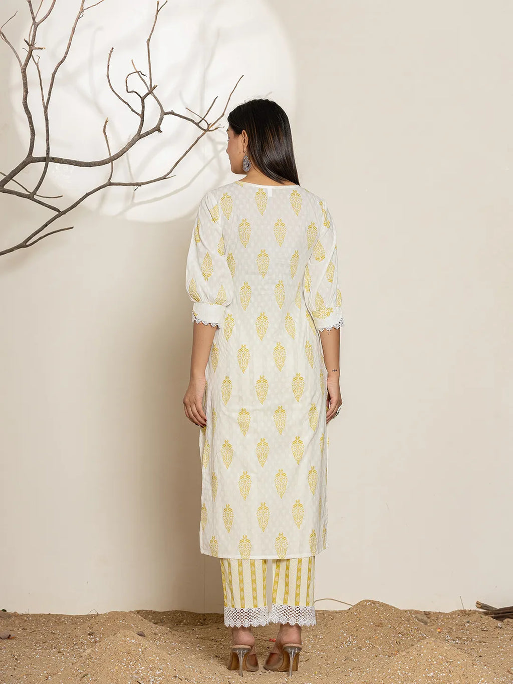 Yufta White & Green Floral Cotton Straight Suit Set | Grocsy