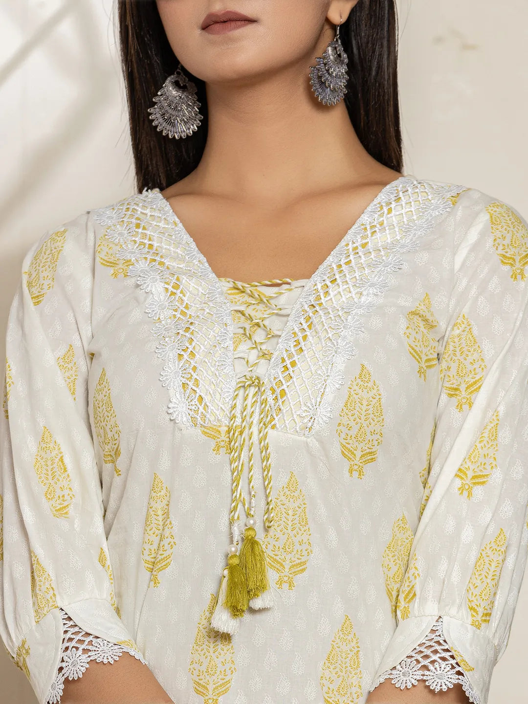 Yufta White & Green Floral Cotton Straight Suit Set | Grocsy