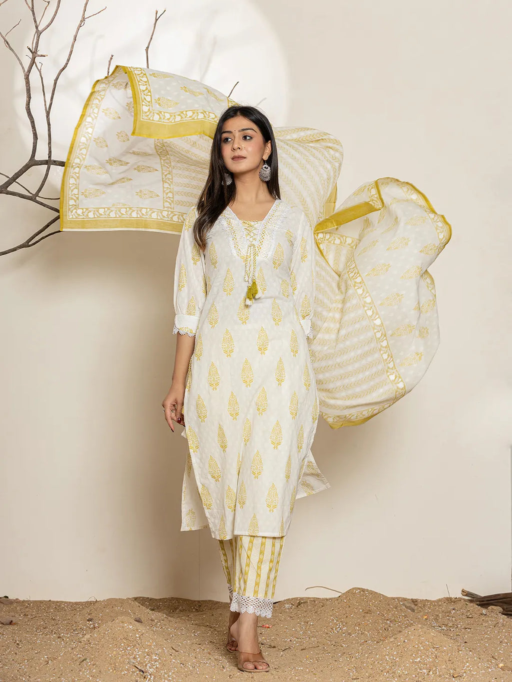 Yufta White & Green Floral Cotton Straight Suit Set | Grocsy