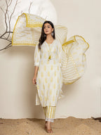 Yufta White & Green Floral Cotton Straight Suit Set | Grocsy