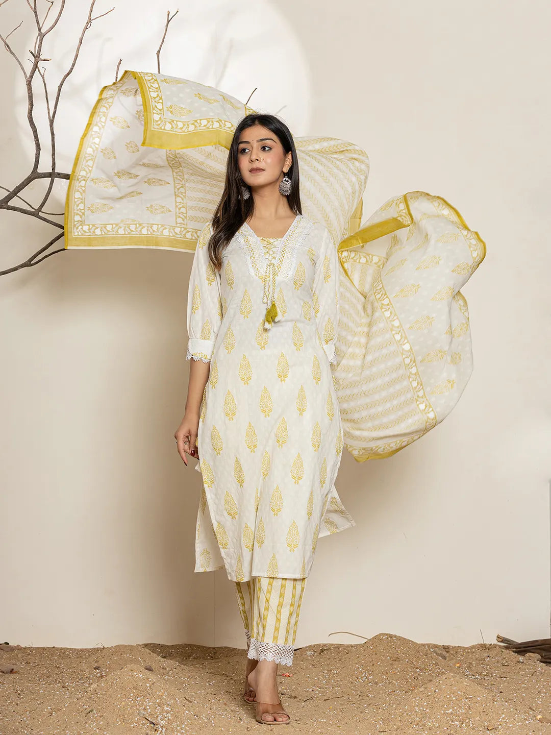 Yufta White & Green Floral Cotton Straight Suit Set | Grocsy