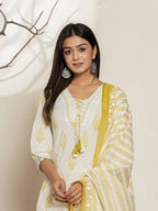 Yufta White & Green Floral Cotton Straight Suit Set | Grocsy