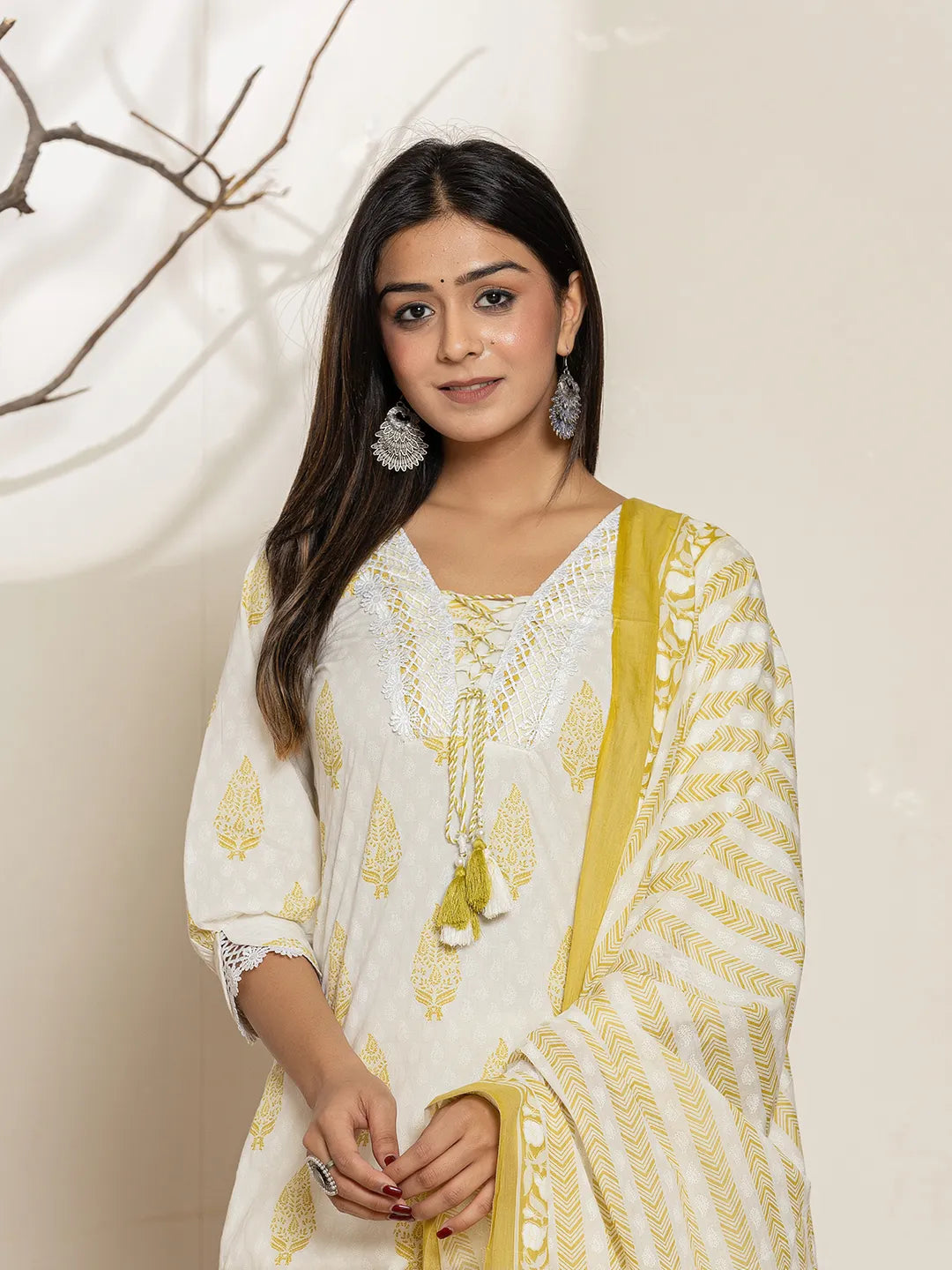 Yufta White & Green Floral Cotton Straight Suit Set | Grocsy