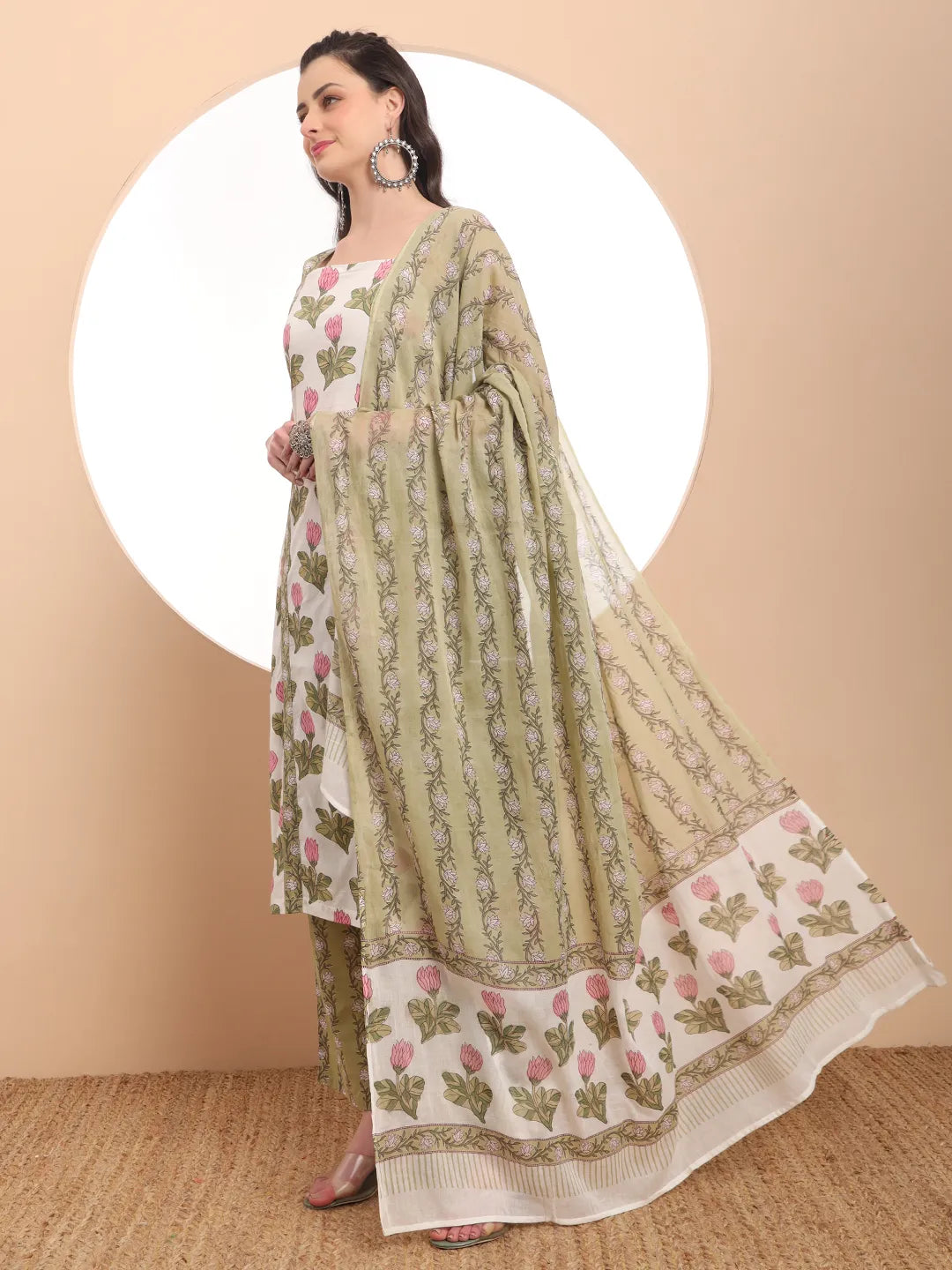 Yufta White And Green Floral Print Straight Kurta Trouser Dupatta Set Cotton Lining | Grocsy