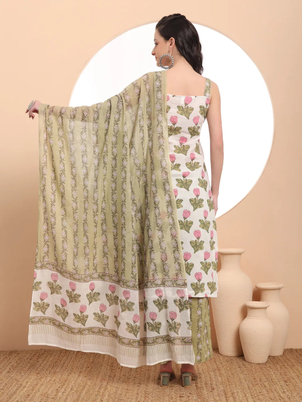 Yufta White And Green Floral Print Straight Kurta Trouser Dupatta Set Cotton Lining | Grocsy