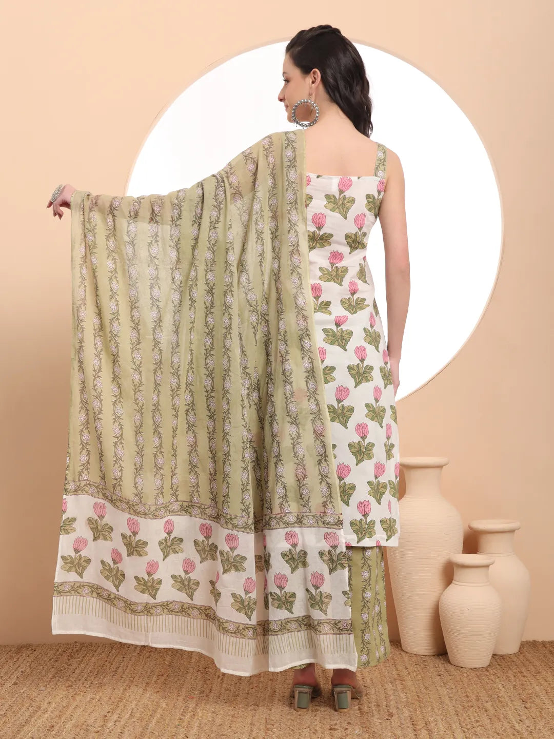 Yufta White And Green Floral Print Straight Kurta Trouser Dupatta Set Cotton Lining | Grocsy