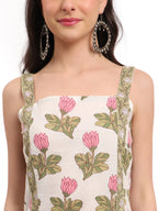 Yufta White And Green Floral Print Straight Kurta Trouser Dupatta Set Cotton Lining | Grocsy