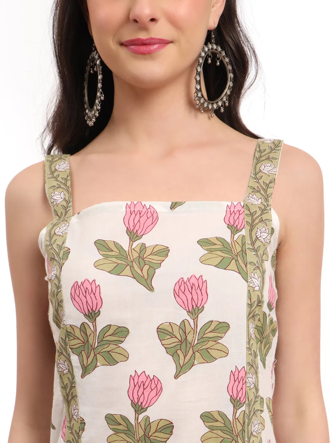 Yufta White And Green Floral Print Straight Kurta Trouser Dupatta Set Cotton Lining | Grocsy
