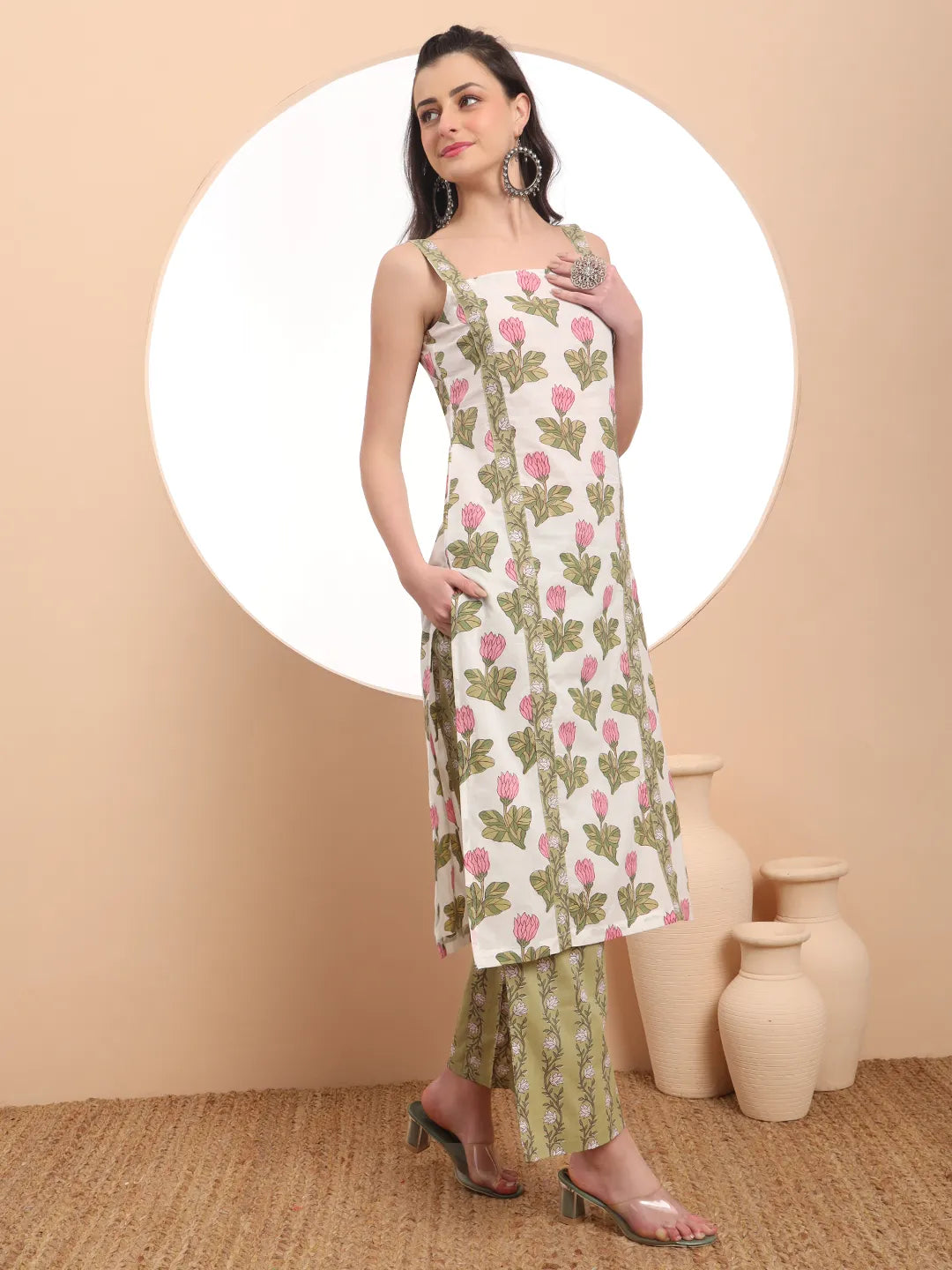 Yufta White And Green Floral Print Straight Kurta Trouser Dupatta Set Cotton Lining | Grocsy