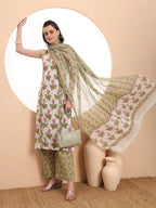 Yufta White And Green Floral Print Straight Kurta Trouser Dupatta Set Cotton Lining | Grocsy
