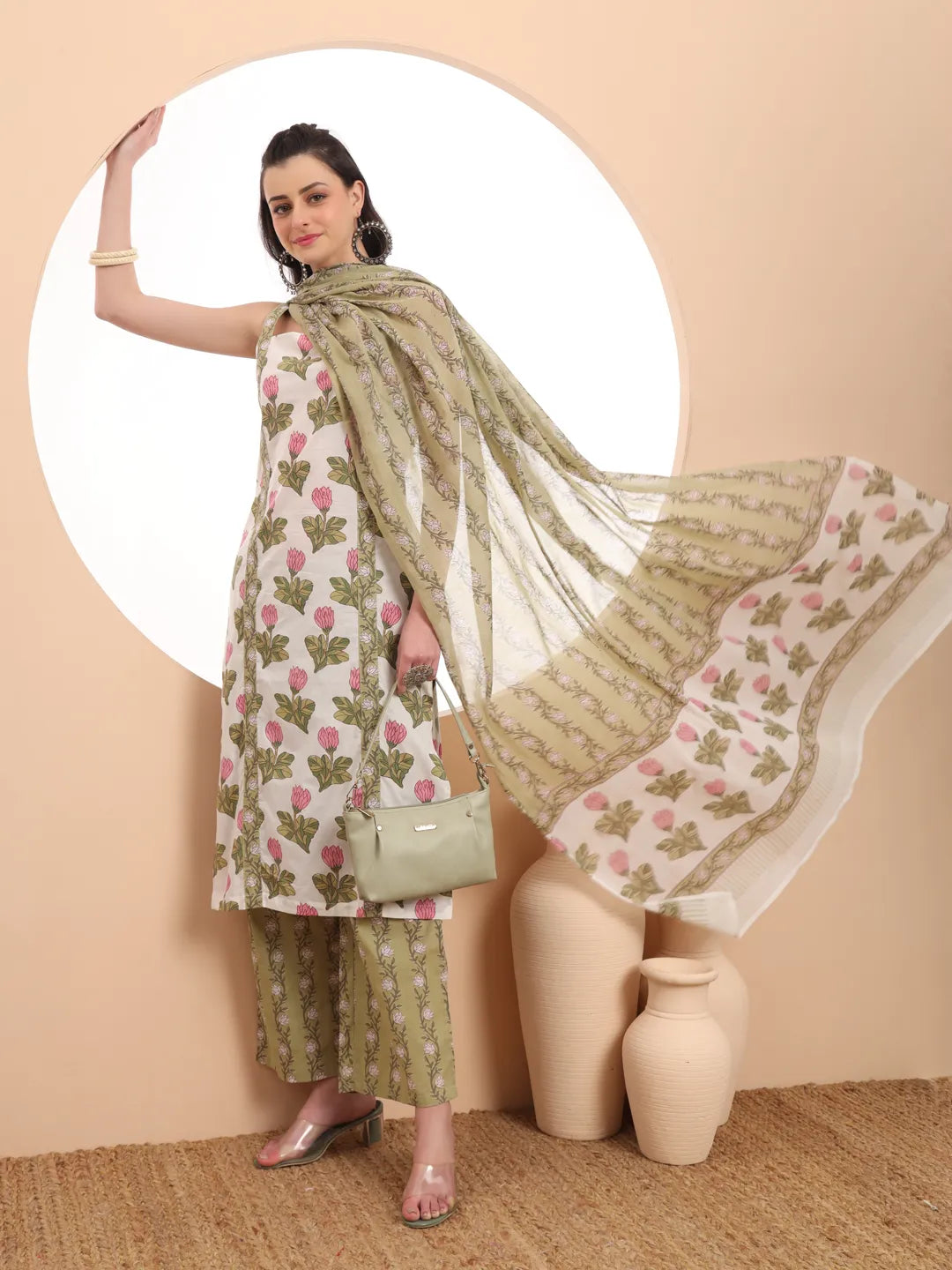 Yufta White And Green Floral Print Straight Kurta Trouser Dupatta Set Cotton Lining | Grocsy