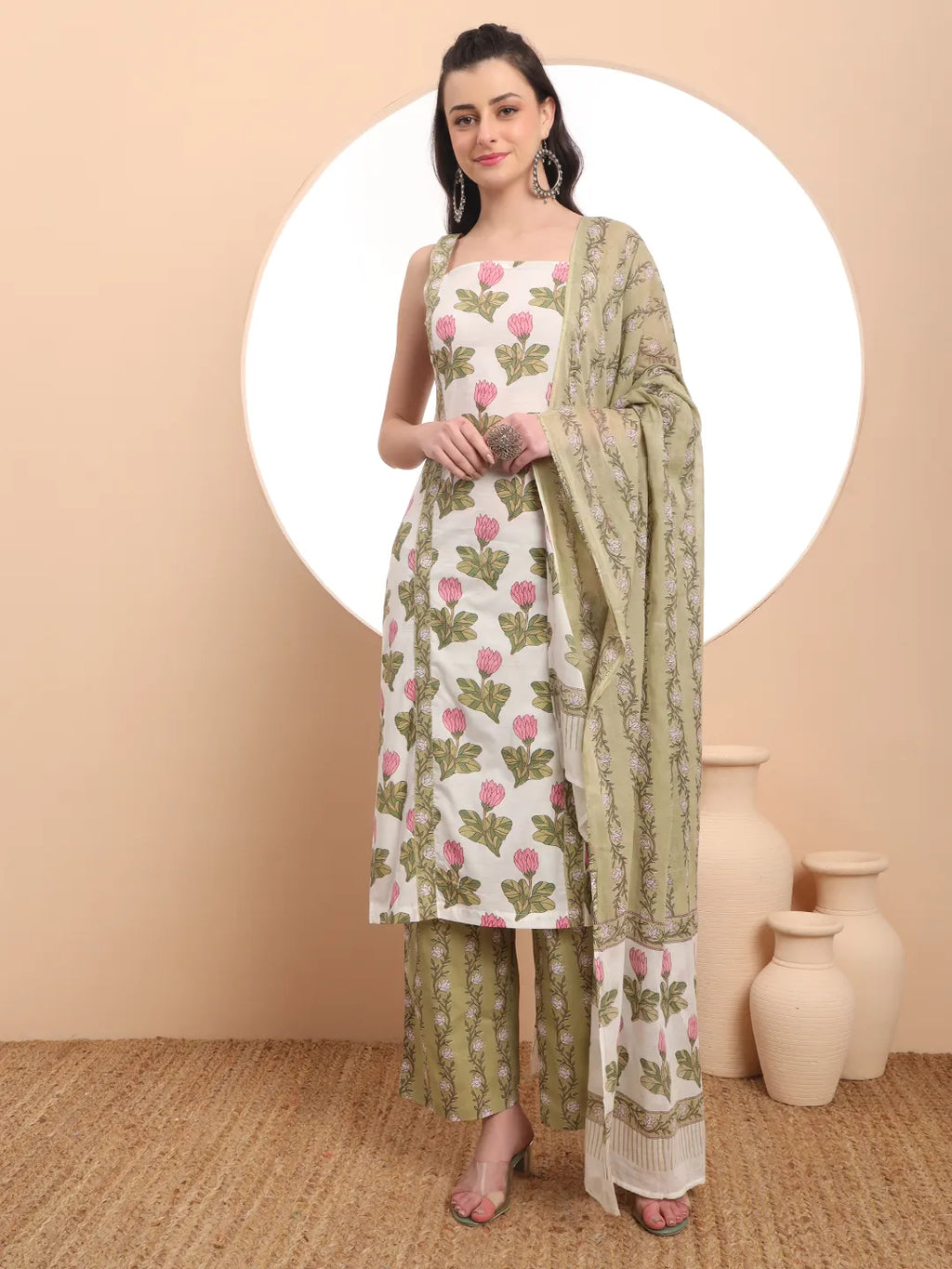 Yufta White And Green Floral Print Straight Kurta Trouser Dupatta Set Cotton Lining | Grocsy
