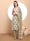 Yufta White And Green Floral Print Straight Kurta Trouser Dupatta Set Cotton Lining | Grocsy