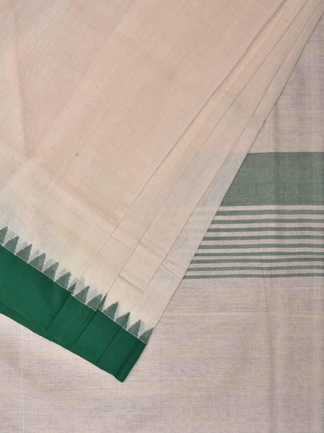 White and Green Khadi Cotton Handloom Plain Saree with Temple Border Design - Global Threads | Grocsy