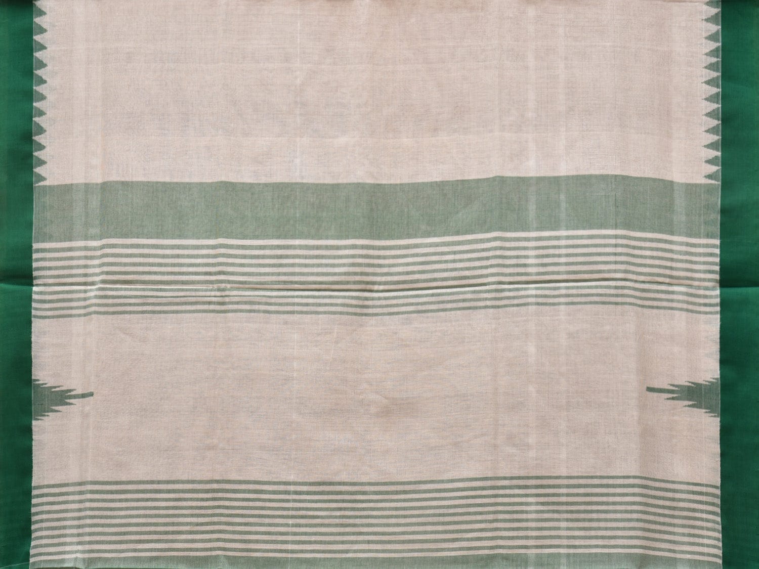 White and Green Khadi Cotton Handloom Plain Saree with Temple Border Design - Global Threads | Grocsy